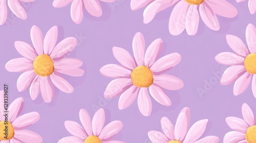 pink daisies on a purple background, with simple shapes, flat design, vector illustration