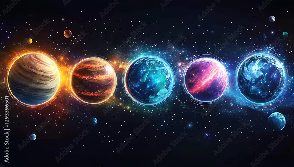 Fototapeta premium Five planets, cosmic space, nebula