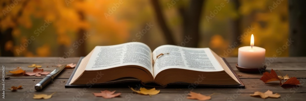 Fototapeta premium An open Bible resting on a wooden table with a single flickering candle beside it amidst the fall foliage, fall, sacred space
