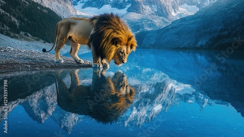 A large stately lion with a beautiful mane stands at the foot of a blue lake and looks at its reflection in the water. It is upside down, and the mountains are reflected in it.