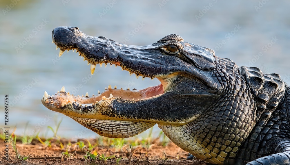 Fototapeta premium Closeup of a Black Caiman Profile with Open Mouth against Defocused Background at Waters Edge Intense and Mysterious Portrait of Majestic Prehistoric Predator in Amazonian Swamp