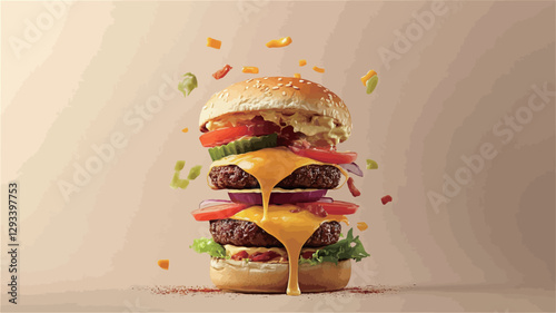A studio shot of a triple cheeseburger featuring three beef patties layered with melted cheese, tomato slices, onion rings, lettuce, and pickles.  The burger is stacked vertically, with melted