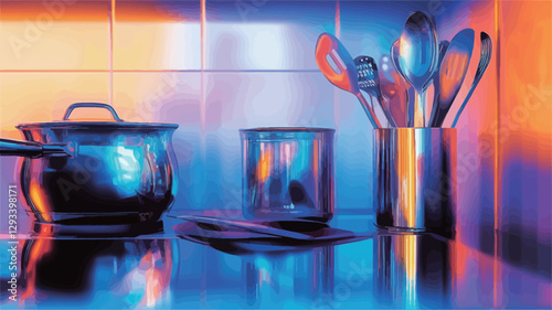 A close-up still life photograph depicts a collection of stainless steel kitchen utensils and cookware arranged on a reflective surface.  The scene is illuminated with vibrant, multicolored