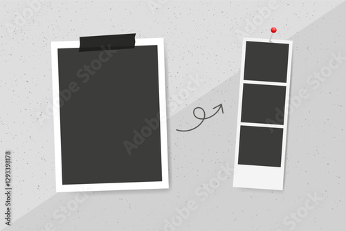 Blank Instant picture, photo booth strip frame collage on a grey wall