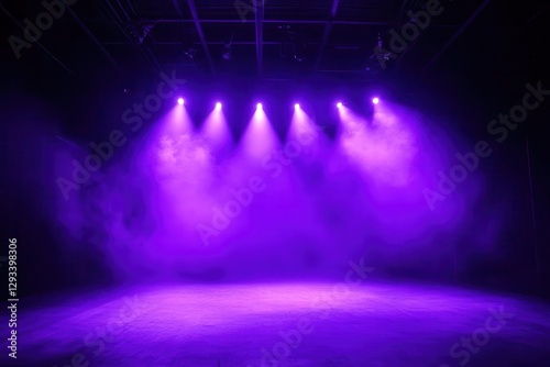 spotlight beams carve through a smoky violet haze illuminating an empty stage with a bold electric buzz of anticipation