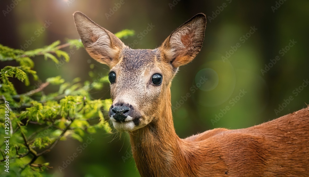 Curious Roe Deer in a Forest Setting A Vibrant Morning Glimpse of Enchanting Wildlife Amidst Lush Greenery and Dappled Sunlight, Capturing the Essence of Natures Majesty. Curious Roe Deer in a Forest Setting A Vibrant Morning Glimpse of Enchanting Wildlife Amidst Lush Greenery and Dappled Sunlight, Capturing the Essence of Natures Majesty.