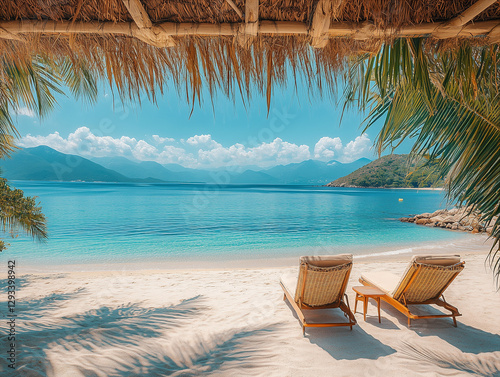 Fun and carefree beach moment, tropical summer scene artwork.