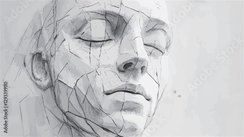 A close-up grayscale graphite sketch of a woman's face.  The style is realistic with a focus on linework and shading to create texture and form. The subject's eyes are closed, suggesting a state of