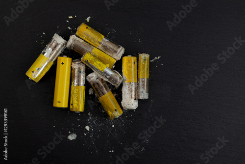 Oxidized and leaked AA alkaline batteries on dark surface. White powder Potassium hydroxide was formed by leakage of alkaline electrolyte. Hydroxides and carbonates are dangerous, powder caustic
