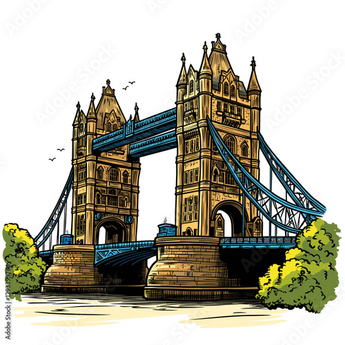 Vector comic hand-drawn illustration of Tower Brigde. Tower Brigde in London