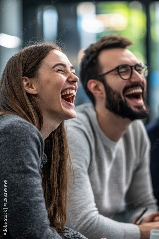 Two friends share a joke, with one laughing heartily. Two friends share a joke, with one laughing heartily.