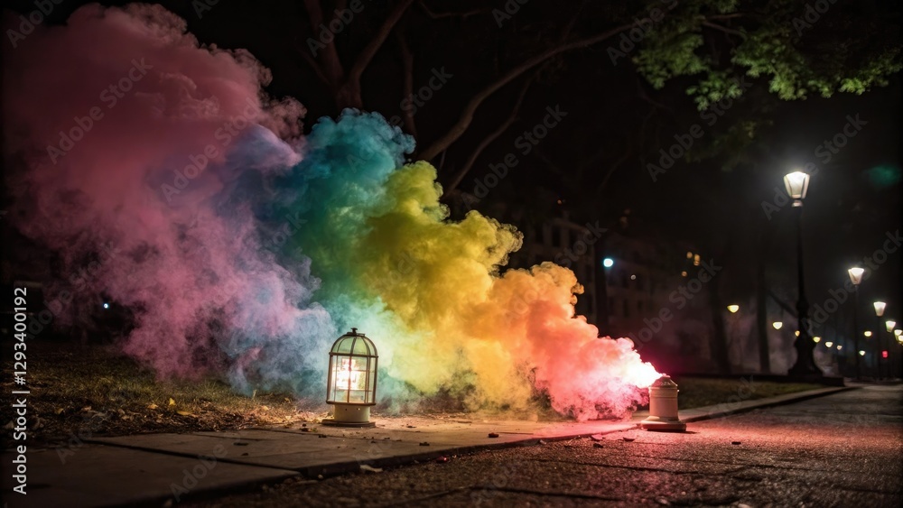 Obraz premium Vibrant colored smoke swirling around a glowing light source, design, abstract, glowing