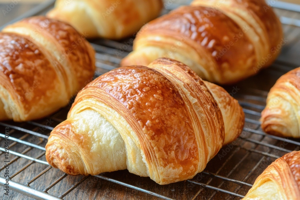 Freshly baked croissants on a cooling rack. Concept of breakfast, bakery, and pastry. Freshly baked croissants on a cooling rack. Concept of breakfast, bakery, and pastry.