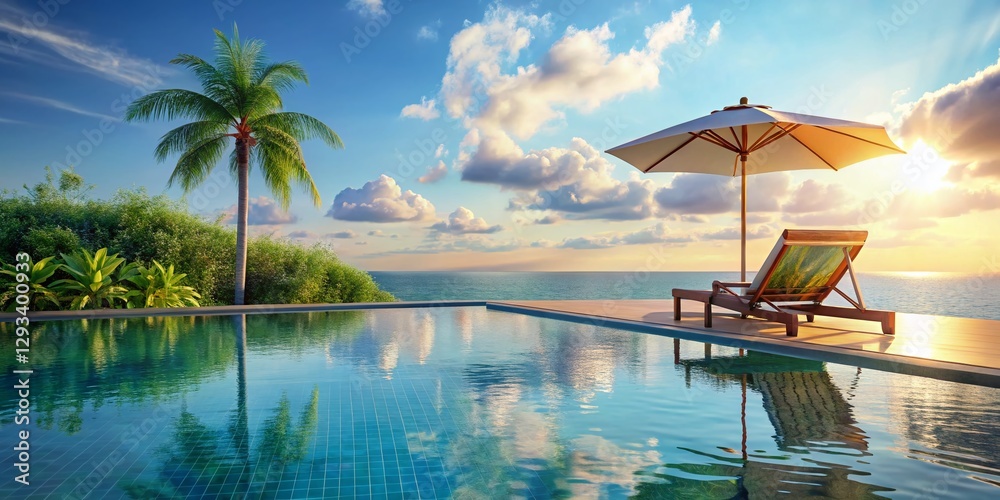 Naklejka premium Tranquil Poolside Escape: 3D Render of Relaxing Beach Chair and Umbrella by Pool