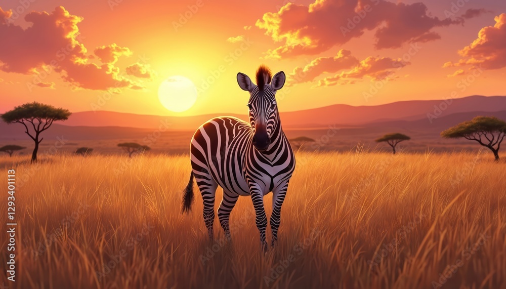 Obraz premium Zebra in african landscape illustration. Wild animal standing in golden savanna grass in sunset light. Mountains silhouettes on horizon. Travel adventure background with safari fauna.