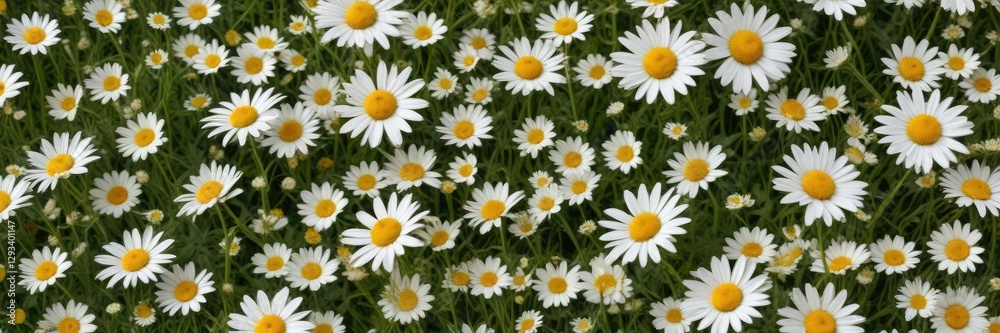 Vibrant wild chamomile and oxeye daisy meadow pattern, wildflowers, meadow, blooming Vibrant wild chamomile and oxeye daisy meadow pattern, wildflowers, meadow, blooming