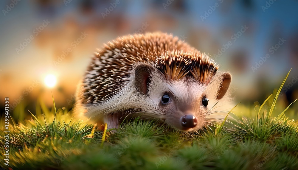 Fototapeta premium Adorable Young Hedgehog in Lush Indonesian Grassland A Delicate Portrait of Natures Miniature Marvel Amidst the Verdant Tapestry of the Eastern Archipelago.