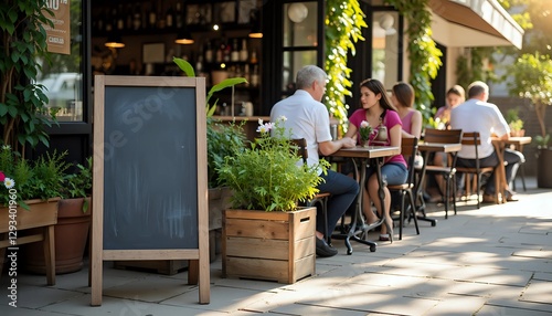 Blank Chalkboard Menu Outside Cafe with Patrons