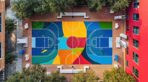 A vibrant basketball court bursts with blues, greens, yellows, oranges, and reds, dominating the scene with energy and excitement photo