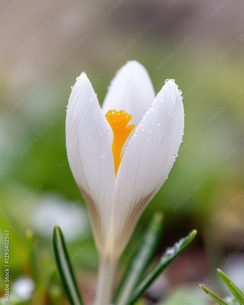 Close-up of a single crocus petal with melting snowflakes, soft-focus background of blooming early spring greenery. Close-up of a single crocus petal with melting snowflakes, soft-focus background of blooming early spring greenery.