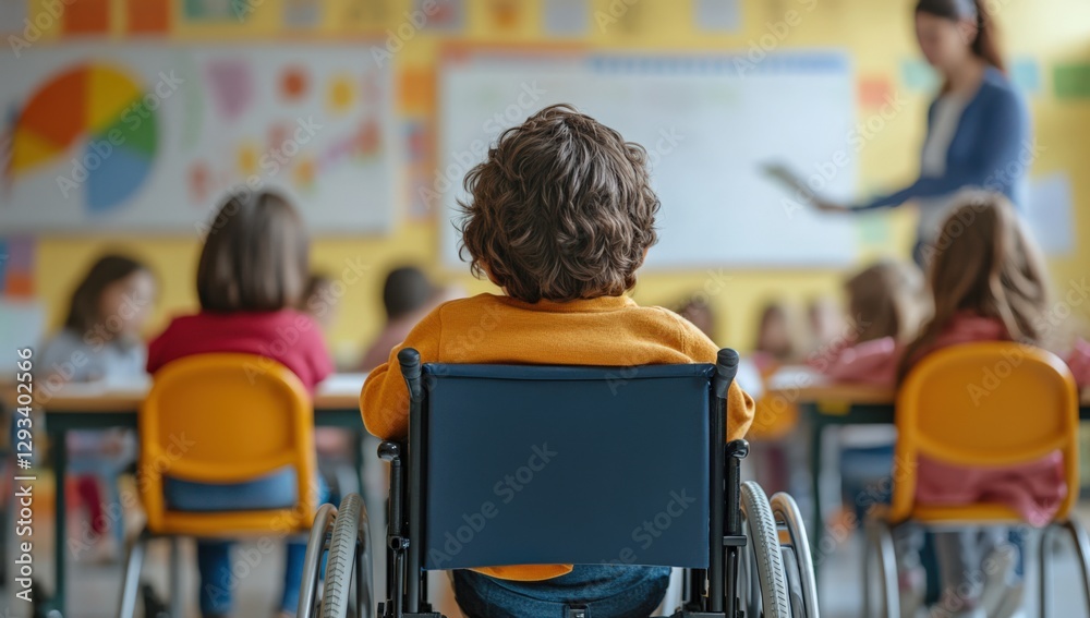 Obraz premium A Young Boy in a Wheelchair Participates in a Classroom Setting at Elementary School, Engaging with Teacher and Peers in a Vibrant Educational Environment