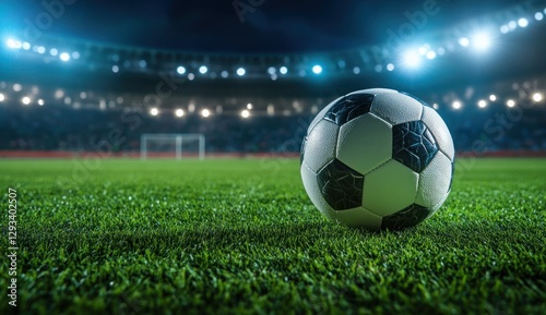 Soccer Ball on Stadium Field at Night
