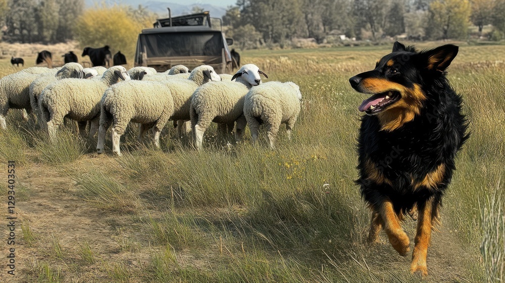 Australian kelpie dog herding sheep in green pasture Australian kelpie dog herding sheep in green pasture