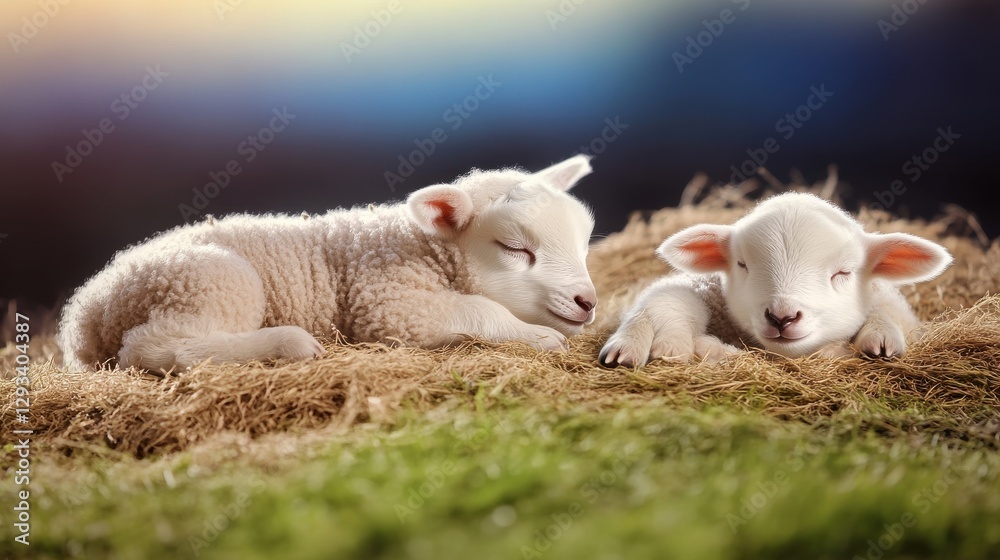 Two newborn lambs sleeping peacefully on a bed of hay and grass Two newborn lambs sleeping peacefully on a bed of hay and grass