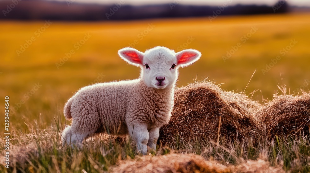 Adorable newborn lamb standing in a field at sunset Adorable newborn lamb standing in a field at sunset