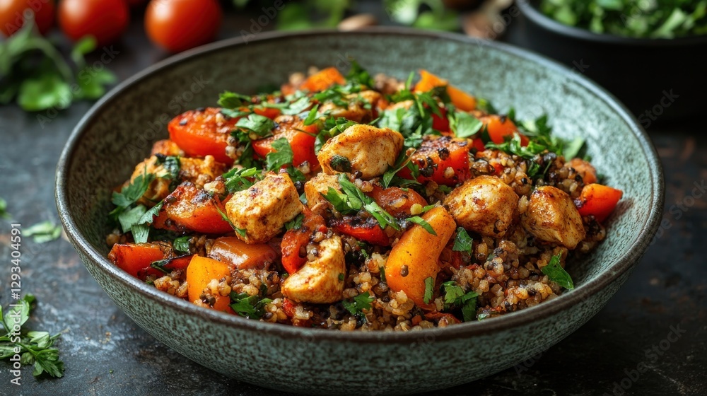 Delicious bowl of chicken and quinoa with roasted bell peppers and fresh parsley. Delicious bowl of chicken and quinoa with roasted bell peppers and fresh parsley.