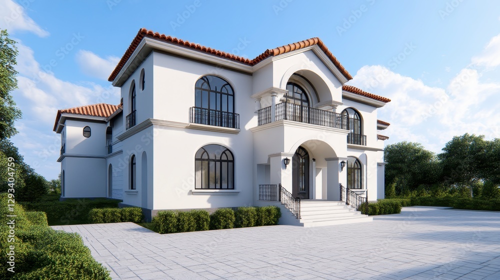 Mediterranean Style House Exterior Two Story White Walls Red Tile Roof Mediterranean Style House Exterior Two Story White Walls Red Tile Roof