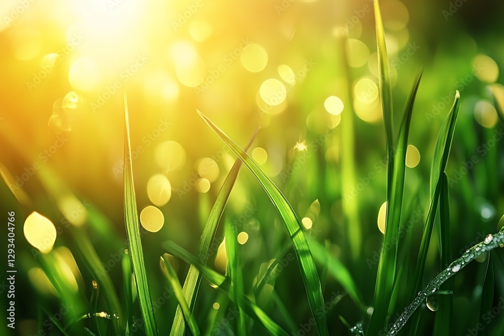 Fototapeta premium Close-Up of Fresh Green Grass in Warm Golden Sunlight with Dreamy Bokeh