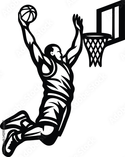 A basketball player performing a slam dunk isolated vector icon, basketball player performing a slam dunk silhouette and line art vector illustration design