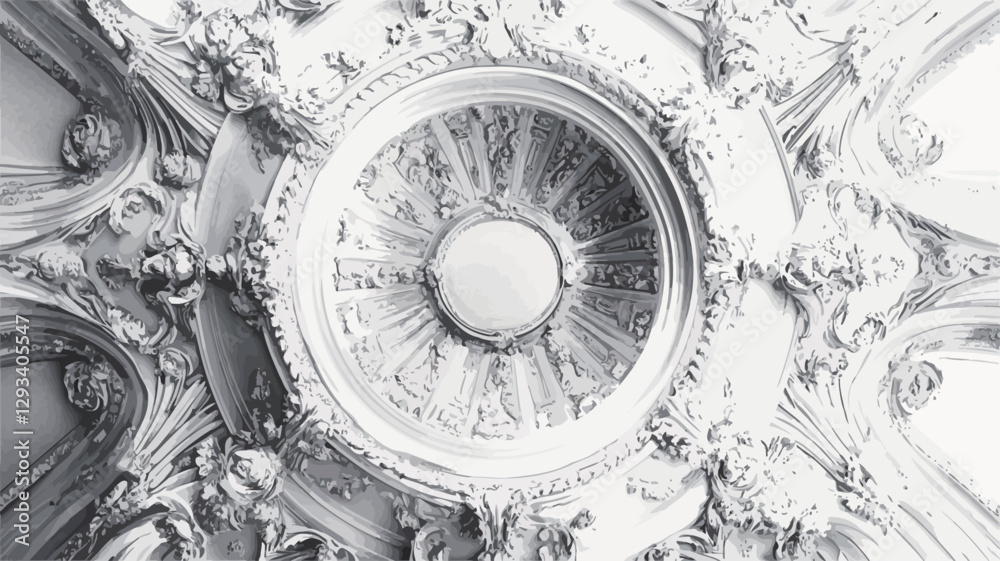 High-angle, close-up, monochrome photograph of an ornate ceiling detail. The image centers on a circular rosette or ceiling rose, featuring intricate, radiating patterns and relief work.  The