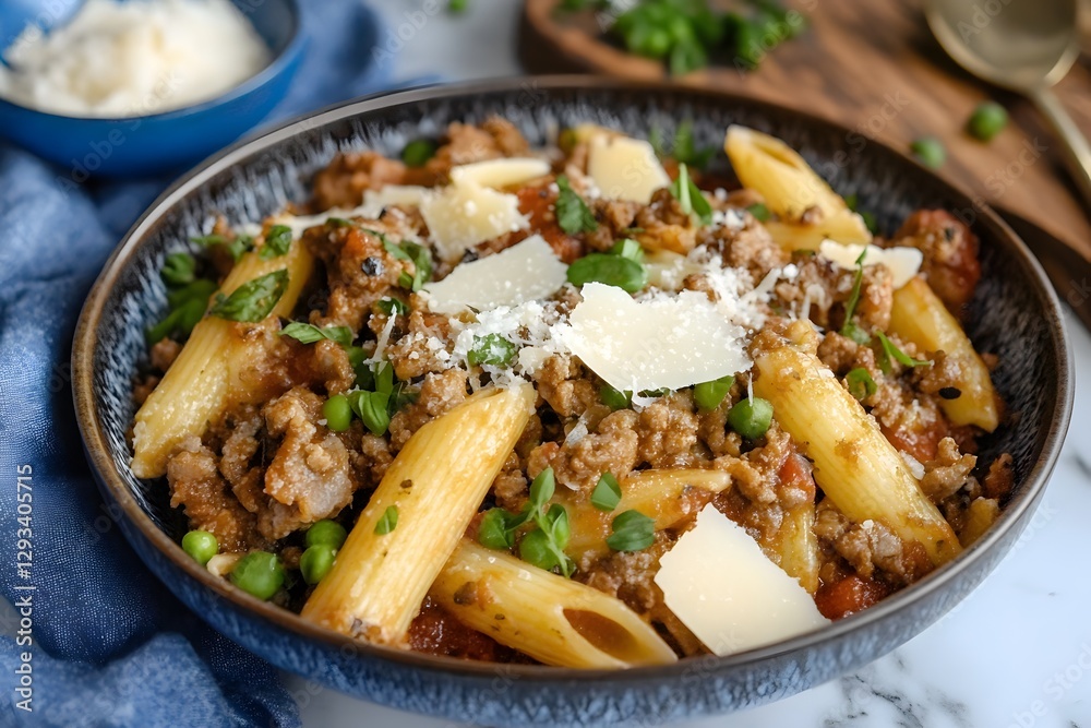 Delicious Ground Meat Penne Pasta with Peas and Parmesan Delicious Ground Meat Penne Pasta with Peas and Parmesan