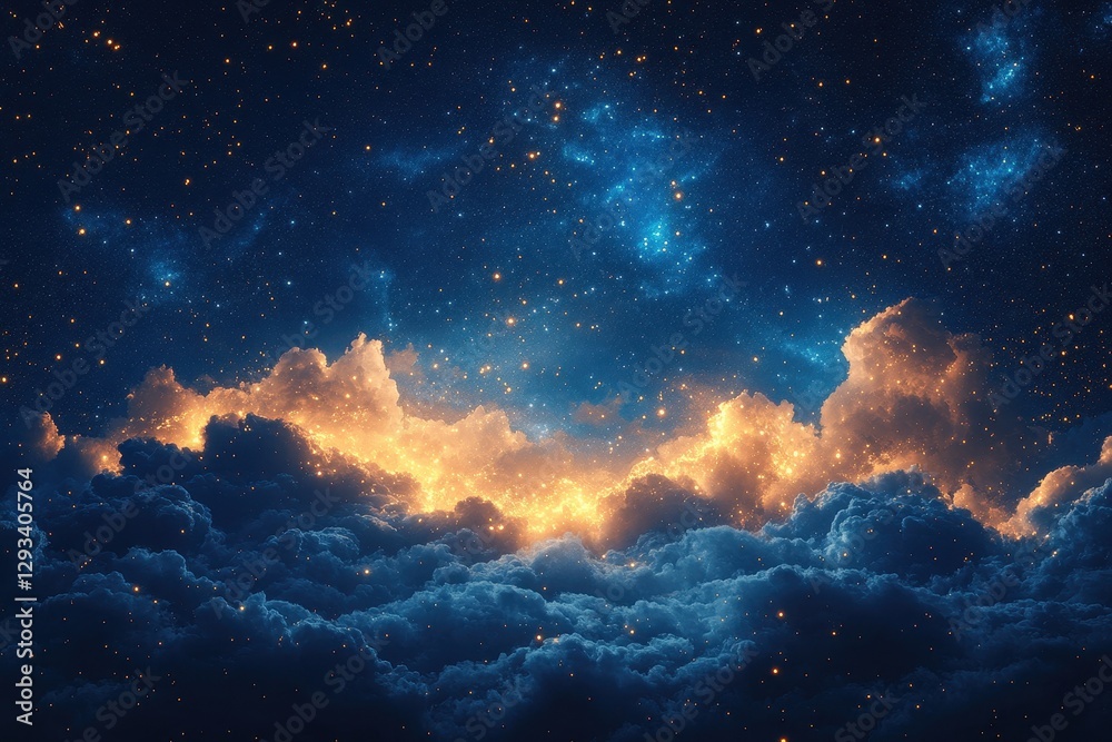 Fototapeta premium Night sky filled with stars and glowing clouds over a serene landscape in a tranquil atmosphere