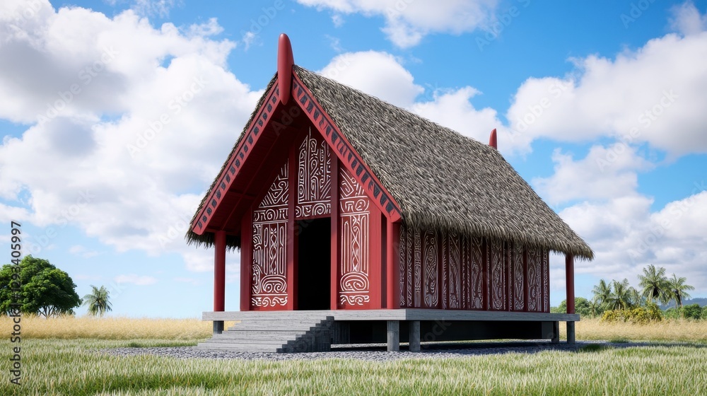 Fototapeta premium Red and White Traditional House in a Wildflower Field