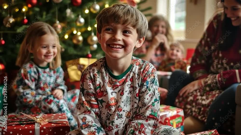 A happy child enjoys the warmth of Christmas. Surrounded by gifts and loved ones, the moment captures family joy. This beautiful setting invites smiles and holiday cheer. Generative AI A happy child enjoys the warmth of Christmas. Surrounded by gifts and loved ones, the moment captures family joy. This beautiful setting invites smiles and holiday cheer. Generative AI