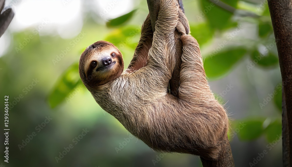 Closeup of Threetoed Sloth Hanging from Tree Intimate Portrait of a Rainforests Elusive Resident, Showcasing Textured Fur and Vibrant Green Canopy, Caught in a Moment of Serene Peace. Closeup of Threetoed Sloth Hanging from Tree Intimate Portrait of a Rainforests Elusive Resident, Showcasing Textured Fur and Vibrant Green Canopy, Caught in a Moment of Serene Peace.