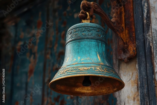 teal church bell clapper swaying golden bronze gleaming crimson rust flaking soft echoes ringing tranquil and sacred christian call to worship unfolding