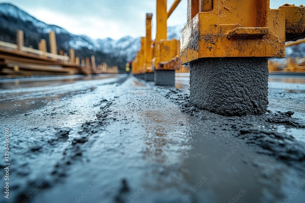 Construction site showcasing freshly poured concrete with machinery in a mountainous landscape during overcast weather Construction site showcasing freshly poured concrete with machinery in a mountainous landscape during overcast weather