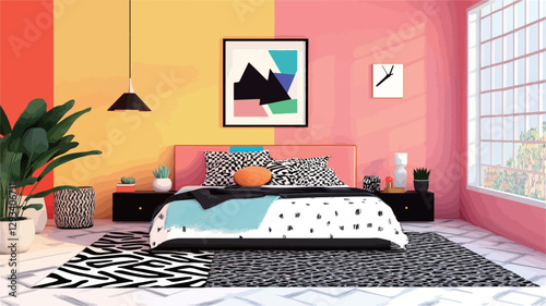 The image shows a digitally rendered modern bedroom interior.  The walls are split into two sections, one painted a bright orange and the other a coral pink.  The room features a double bed with a