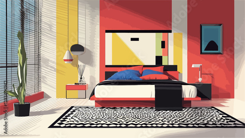 Digital rendering of a modern bedroom interior. The room features a red and white color scheme accented with yellow and black geometric shapes on the headboard and walls. The bed is red with blue