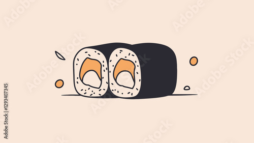 A digital illustration depicting two pieces of sushi maki. The style is minimalist and flat, with a simple outline. The sushi is dark-colored on the outside, indicating nori seaweed, with a visible