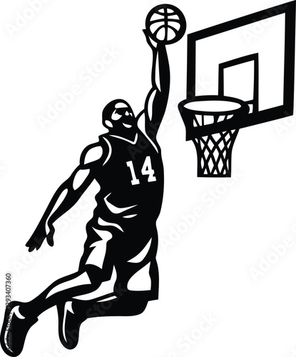 A basketball player performing a slam dunk isolated vector icon, basketball player performing a slam dunk silhouette and line art vector illustration design