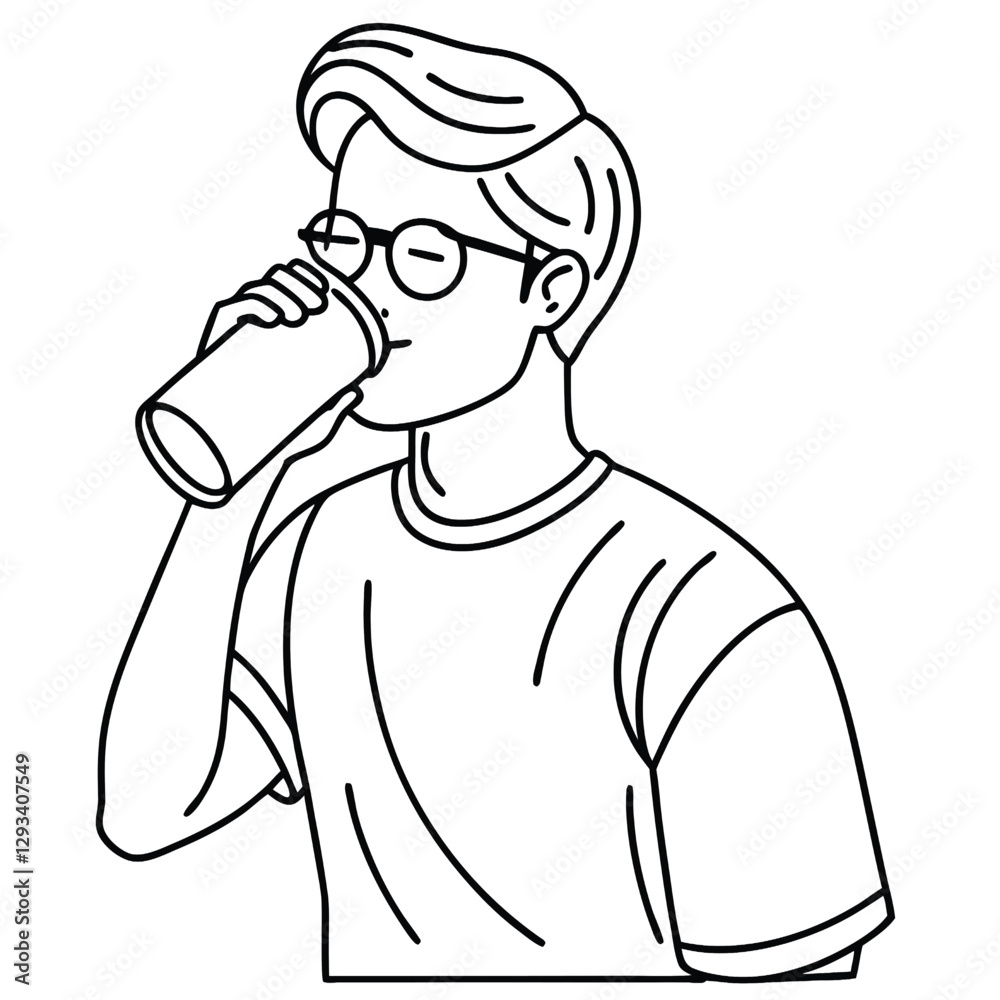 A minimalist line drawing of a man wearing glasses, drinking from a can A minimalist line drawing of a man wearing glasses, drinking from a can