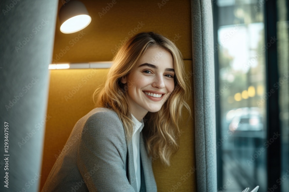 Fototapeta premium Happy smiling woman sitting by window in urban office environment.