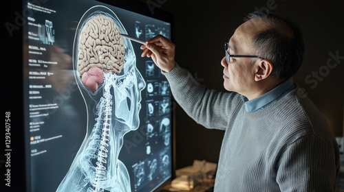 Man scientist analyzing human brain on computer monitor, medical display in laboratory or classroom