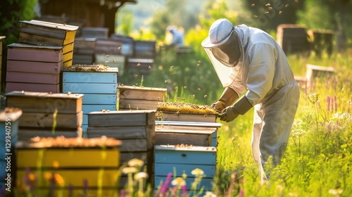 Wallpaper Mural Beekeeper in protective suit works with bees and hives in apiary. Honey and bee. Bees on honeycombs. Cell with honey and bees. Beekeeping. Apiary. Wooden hive and bees. Torontodigital.ca