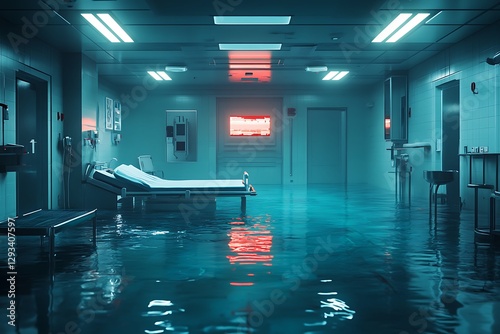 Flooded hospital corridor, medical emergency